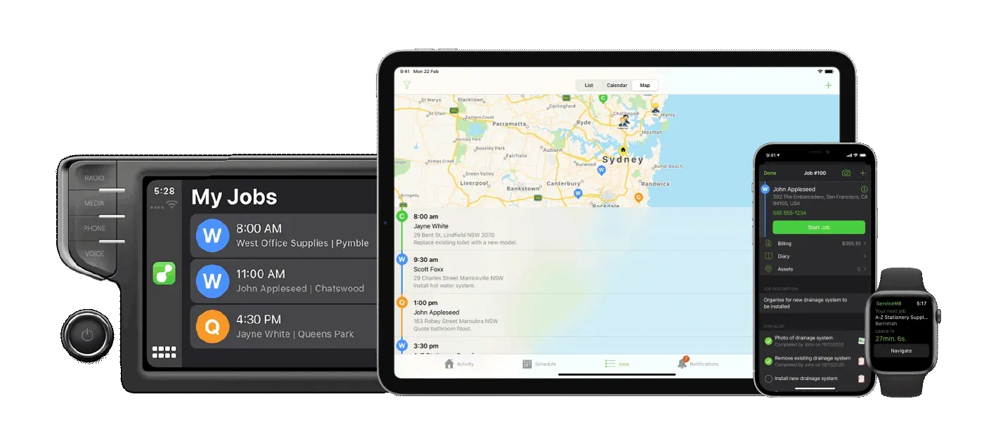 ServiceM8 running on a vehicle dashboard, tablet, phone and watch